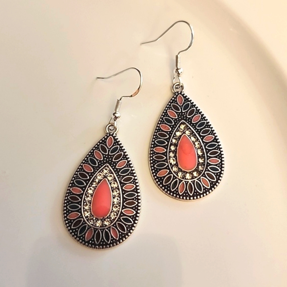 BOHO TEARDROP EARRINGS Bronze Simulated Diamonds